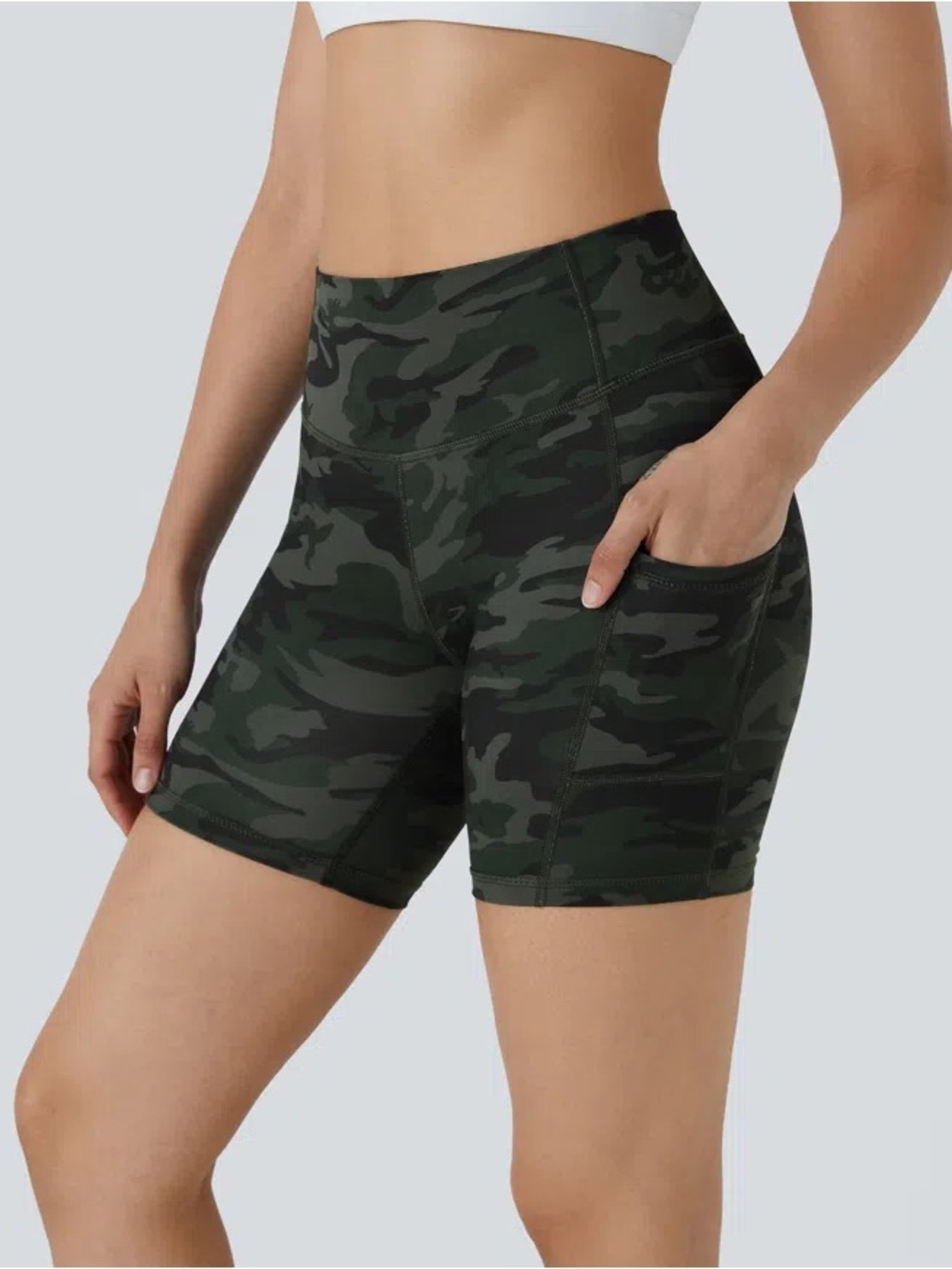 Halara-High-Waist Pocket Running Biker Shorts-Green Camo-Size S